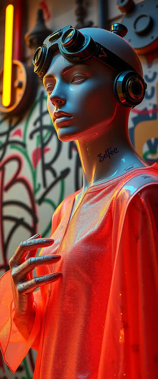 Close up fashion model with neon graffiti background
