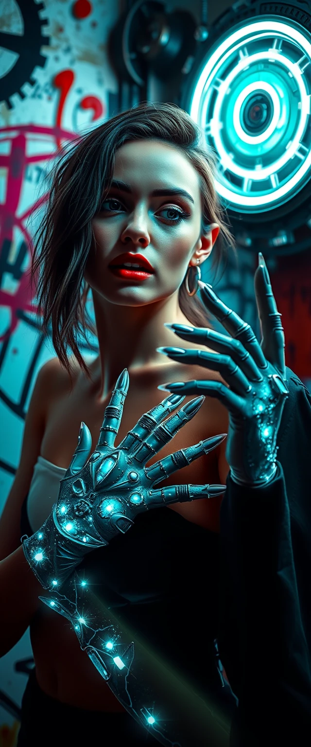 Nahaufnahme eines Fashionmodels, das im Neonstudio seine Nägel zeigt