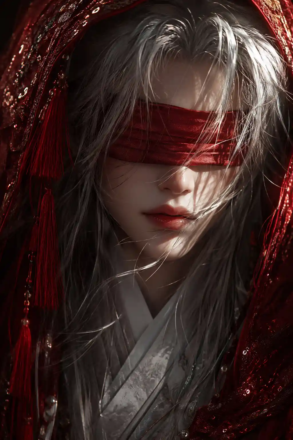 Mystical androgynous portrait with red blindfold and hood
