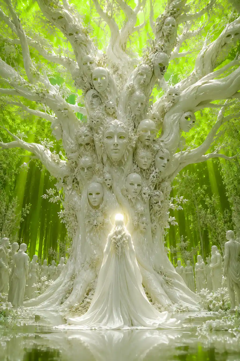 White sculpture figure facing a colossal surreal mask tree