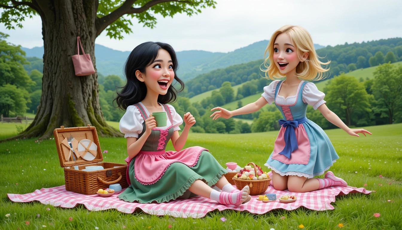 Duas amigas compartilhando um piquenique alegre com vestidos bávaros
