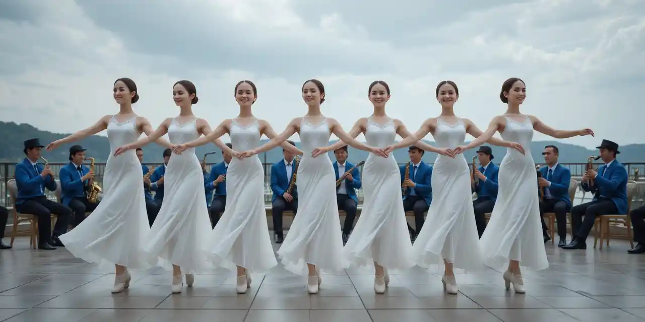 Six white clad dancers performing on an outdoor stage