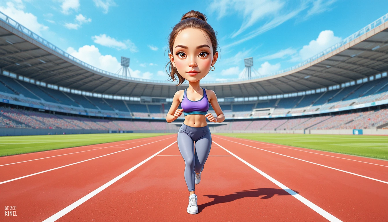 Joven mujer atlética corriendo en una luminosa pista de estadio