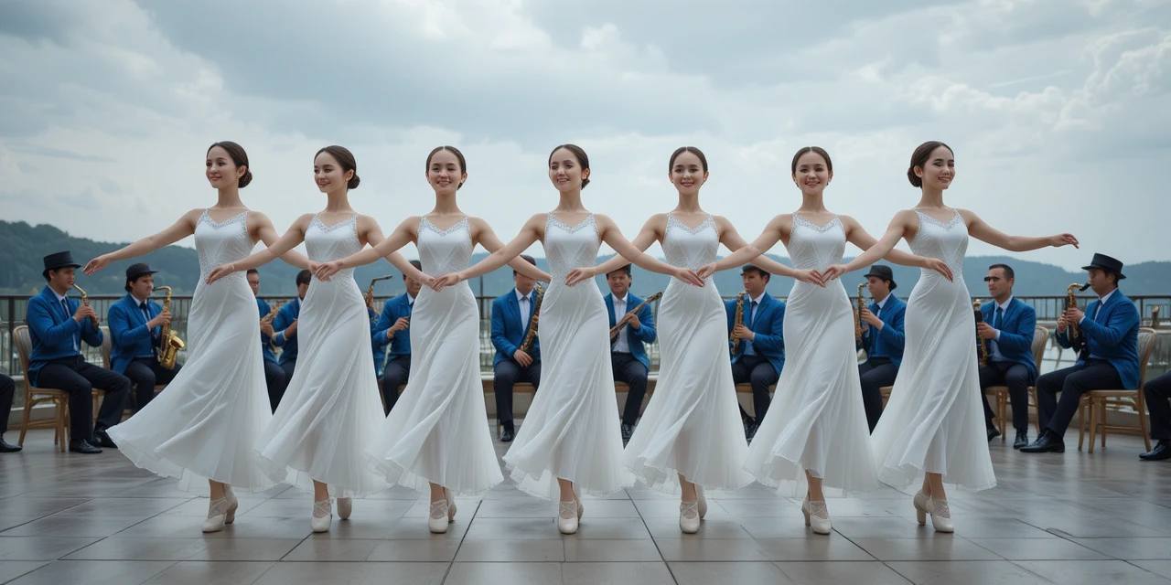 Six white clad dancers performing on an outdoor stage