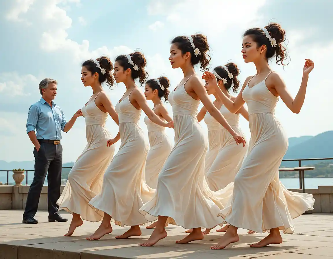 Giovani donne che danzano all’aperto in abiti bianchi in stile greco