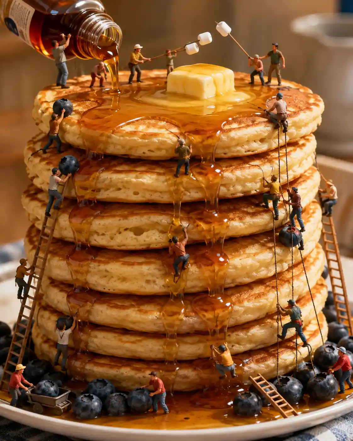 Tiny people climbing a giant stack of syrup soaked pancakes