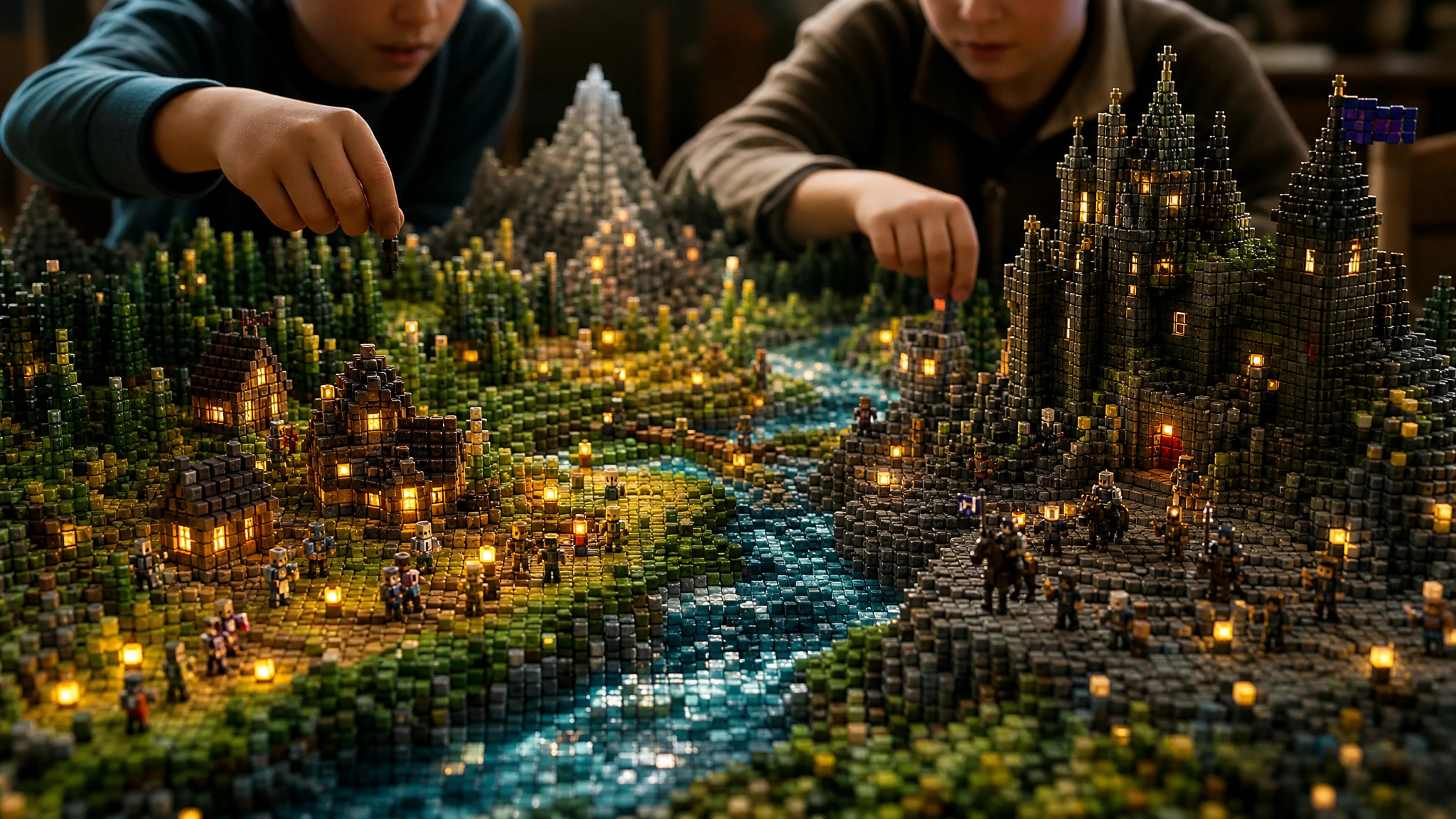 Mundo de fantasía en miniatura creado con cubos redondeados y luminosos