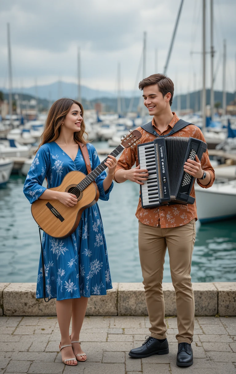 Dupla de músicos se apresentando entre barcos em um cais calmo da marina