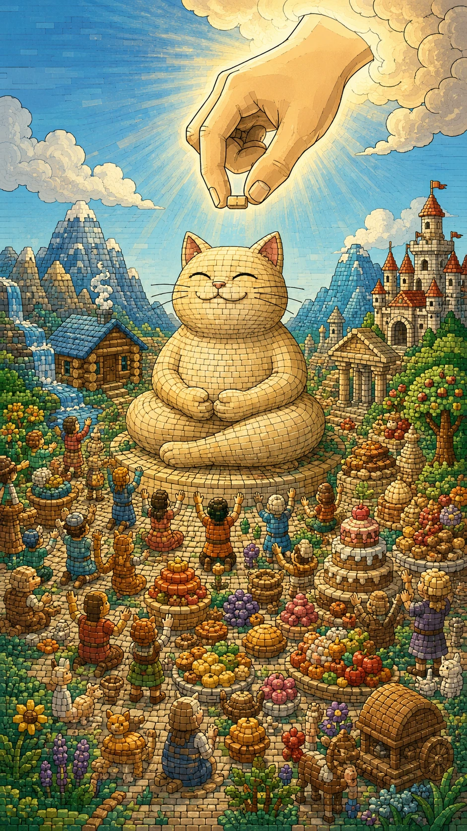 Mão divina criando um gato rechonchudo com pequenos blocos