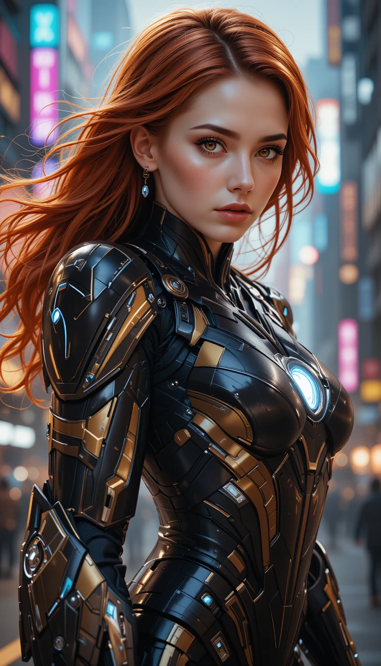 Heroína ruiva em um elegante traje de poder preto e dourado