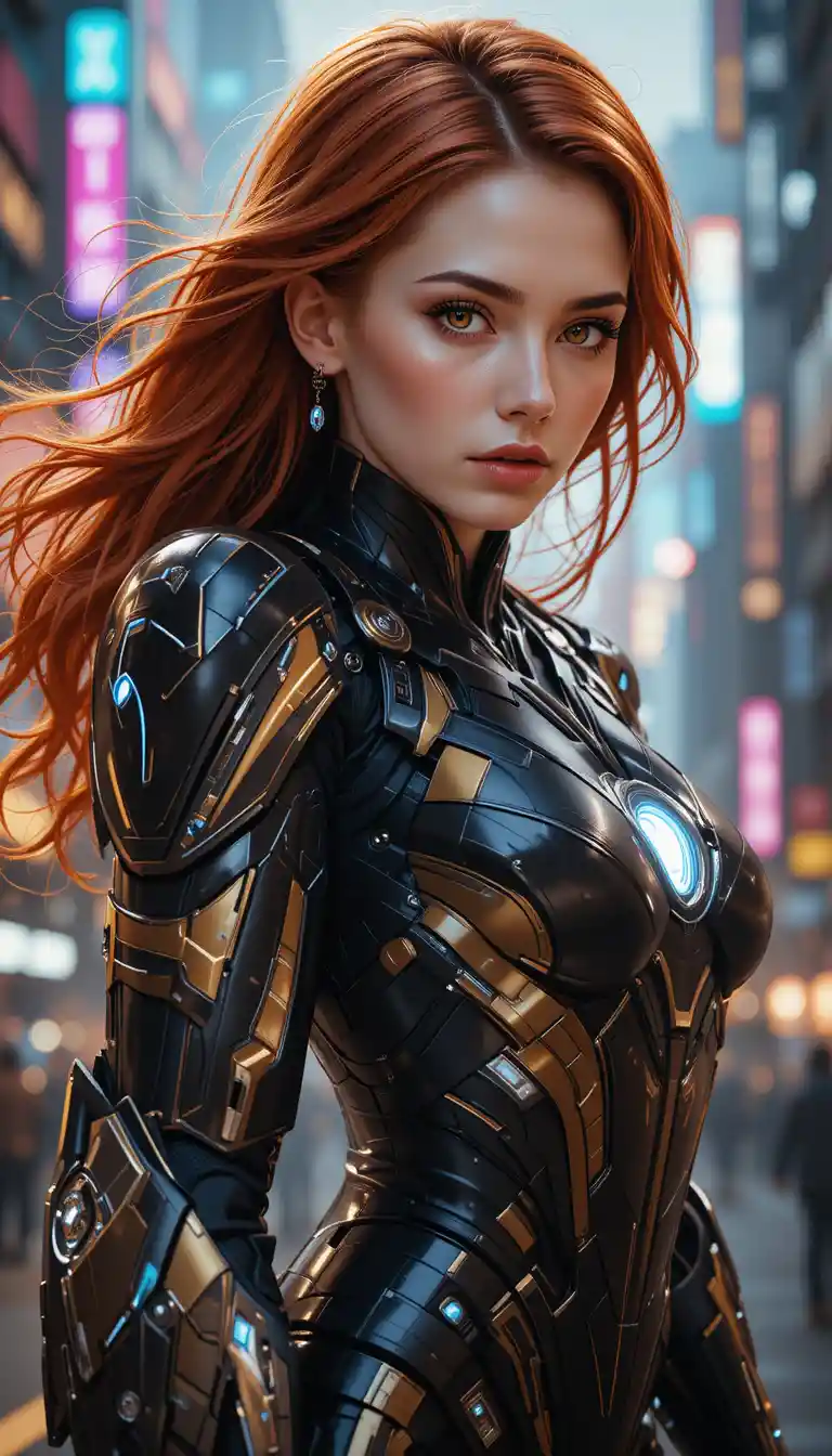 Red haired heroine in sleek black and gold power suit