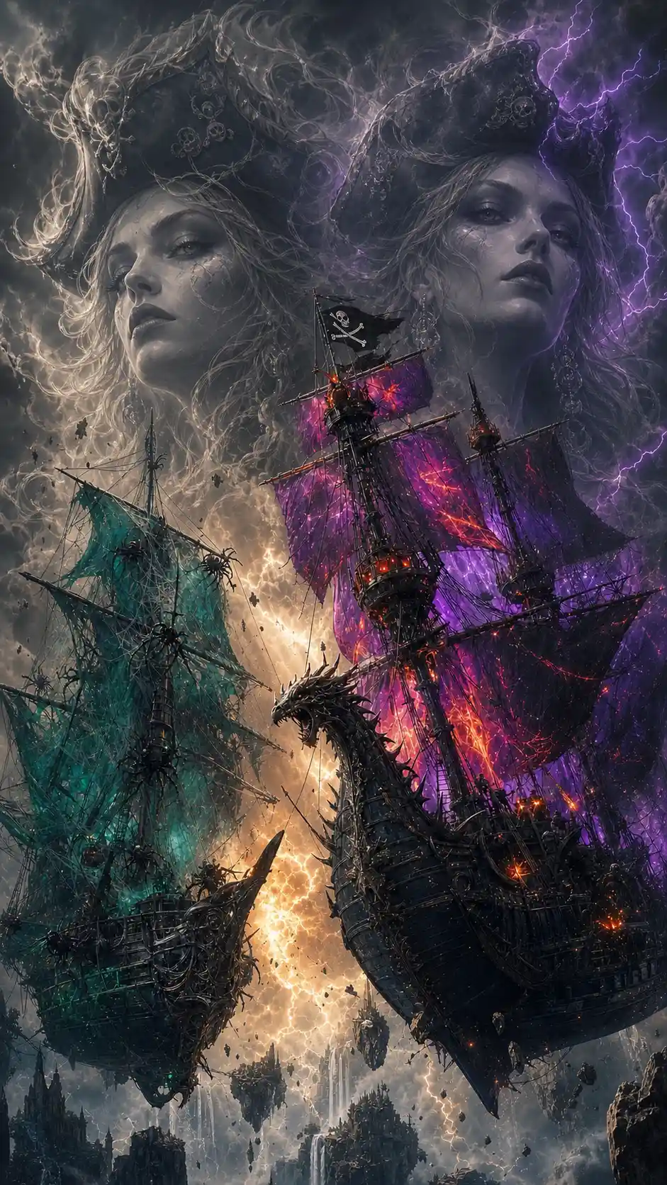 Two misty pirate captain faces forming a ghostly backdrop
