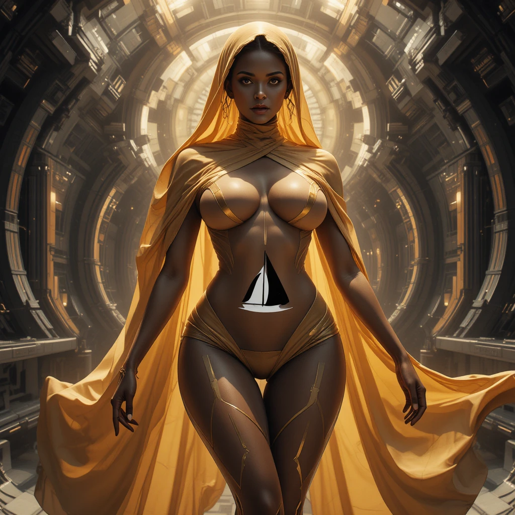 Mulher sci-fi dourada com emblema de veleiro na escuridão
