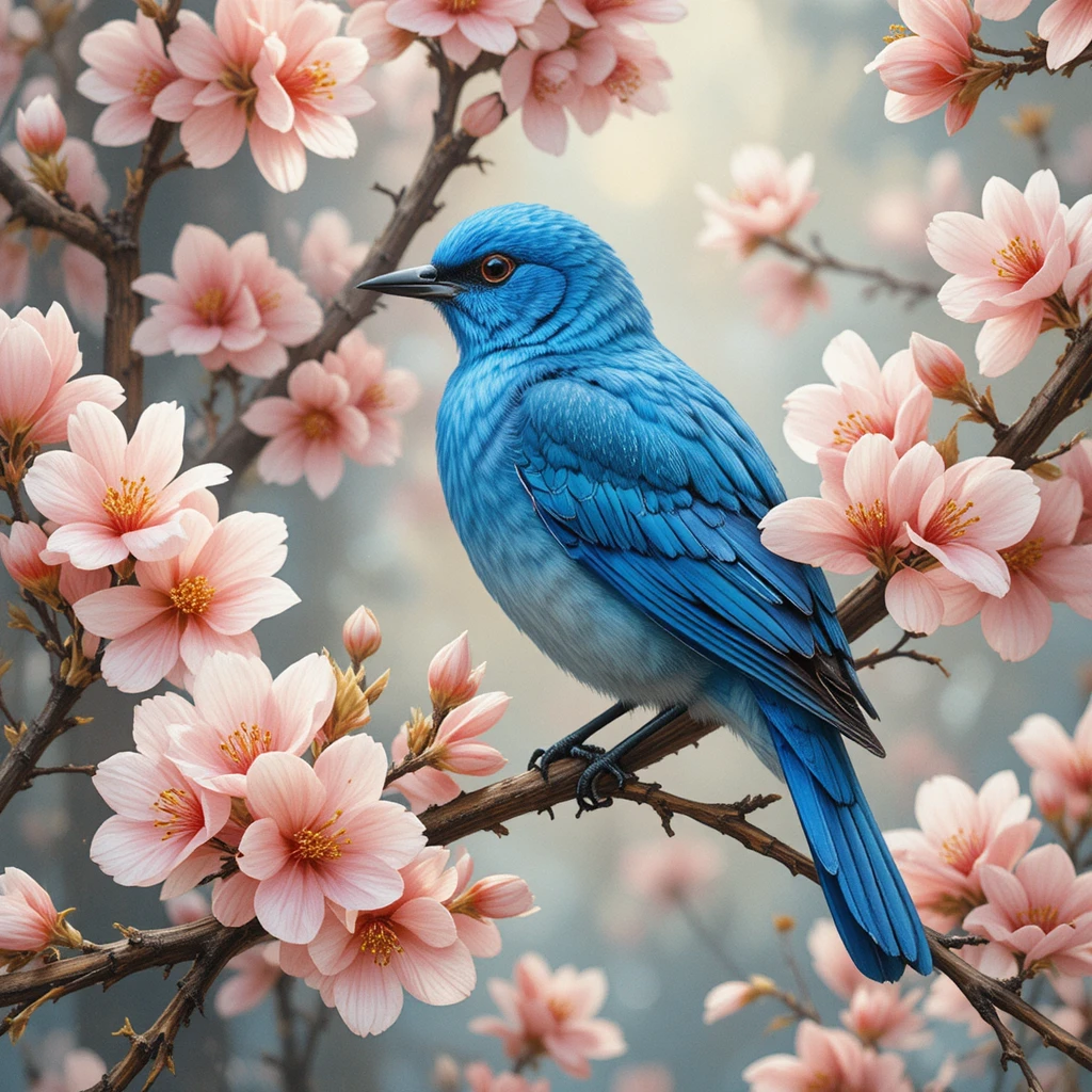 Pássaro azul em pessegueiro florido em estilo aquarela dos sonhos