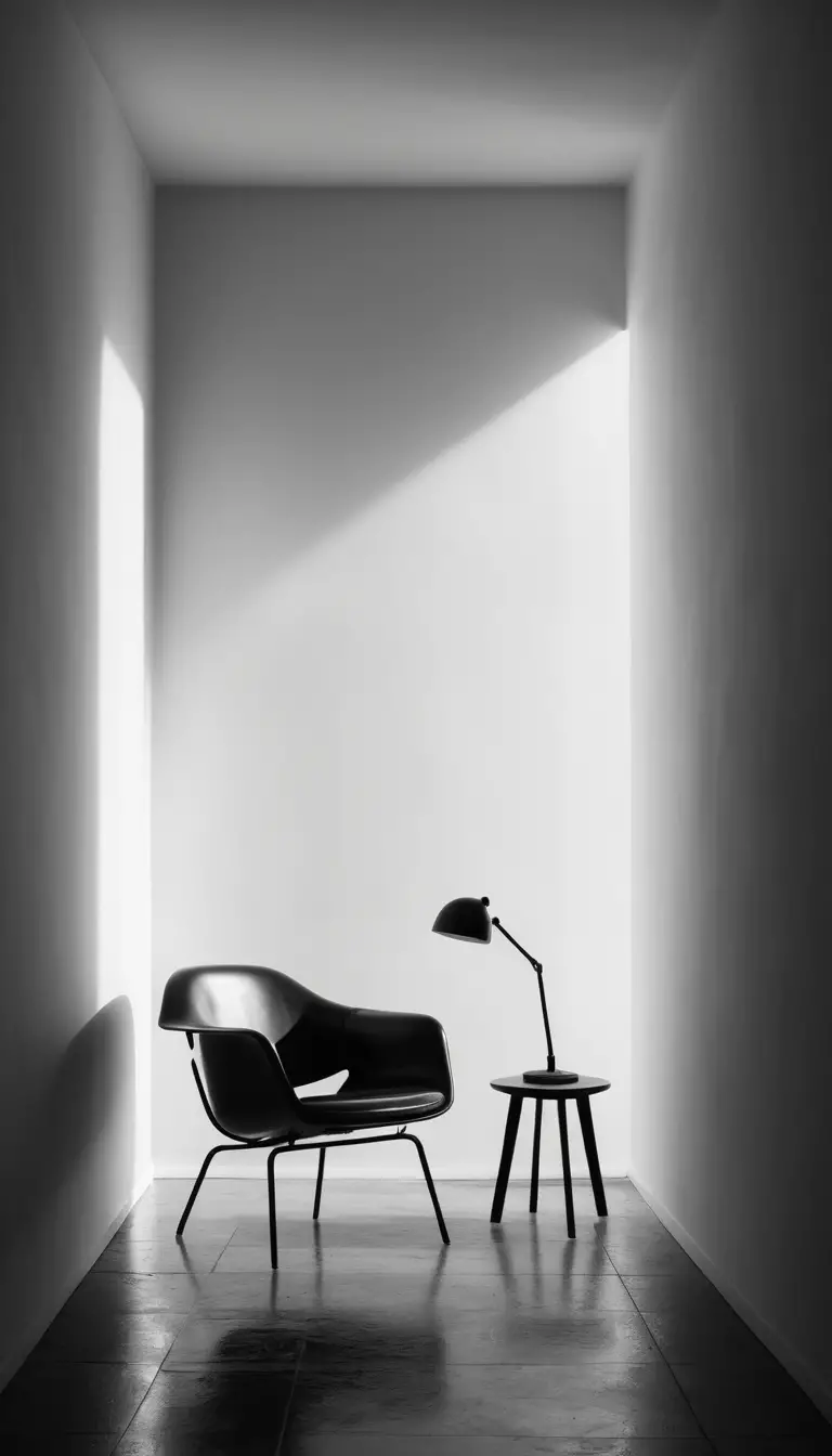 Black and white chair in shadowed minimalist corner room
