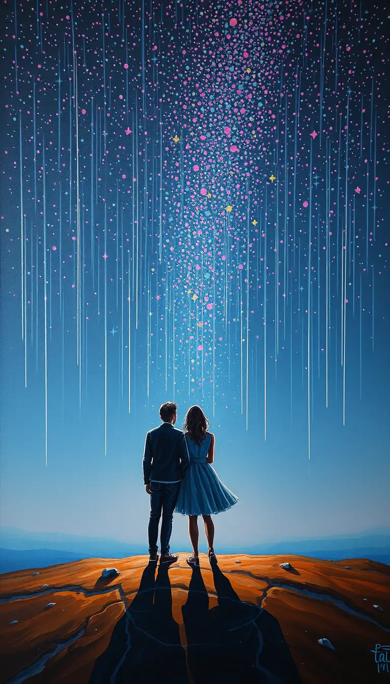 Casal sob um céu noturno estrelado em impasto texturizado
