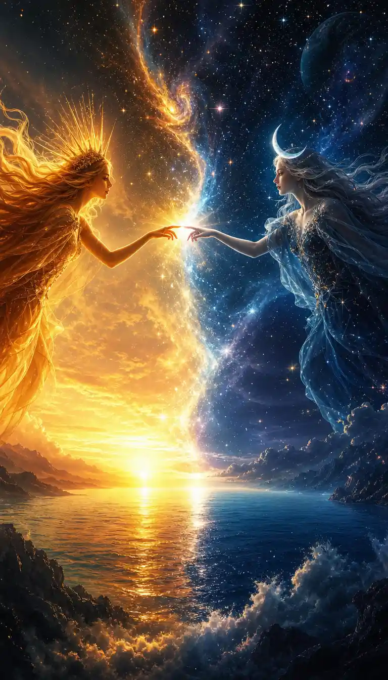 Sun And Moon Reaching Across A Cosmic Sky