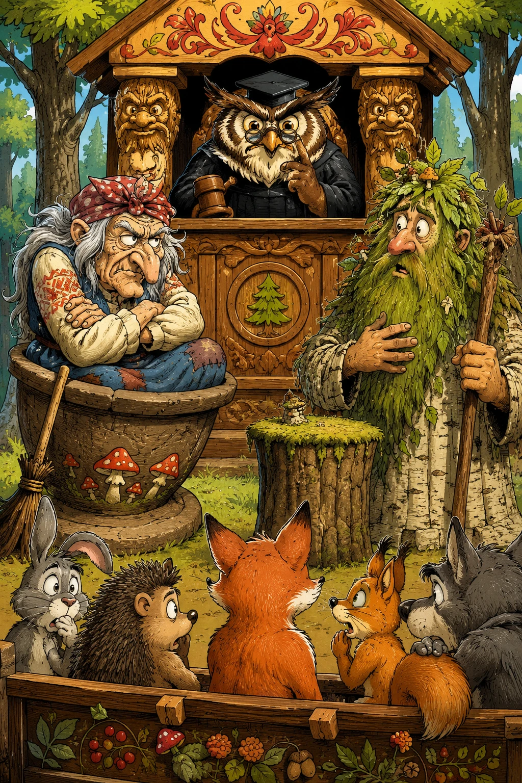 Cena de tribunal na floresta com Baba Yaga e leshy em estilo de quadrinhos