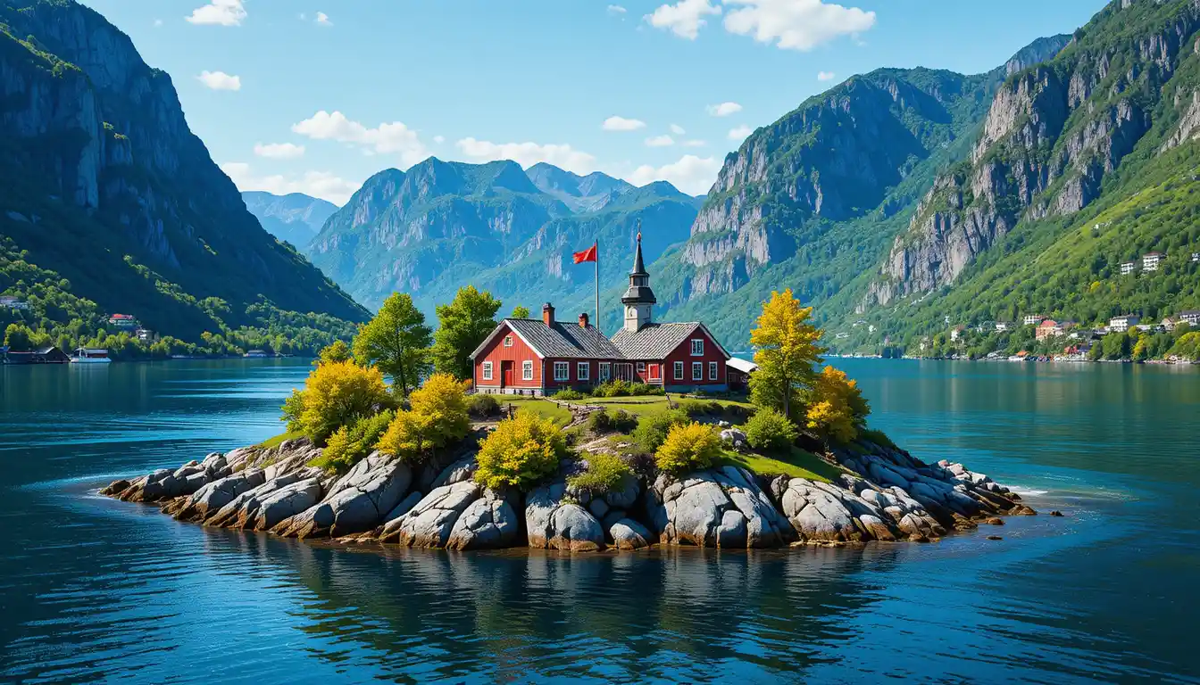 Red houses on a small island in a Norwegian fjord
