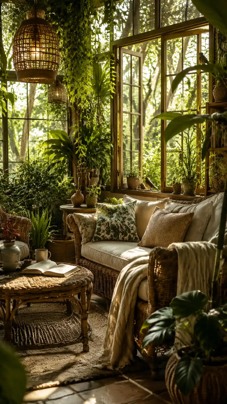 Cozy living room filled with lush indoor plants