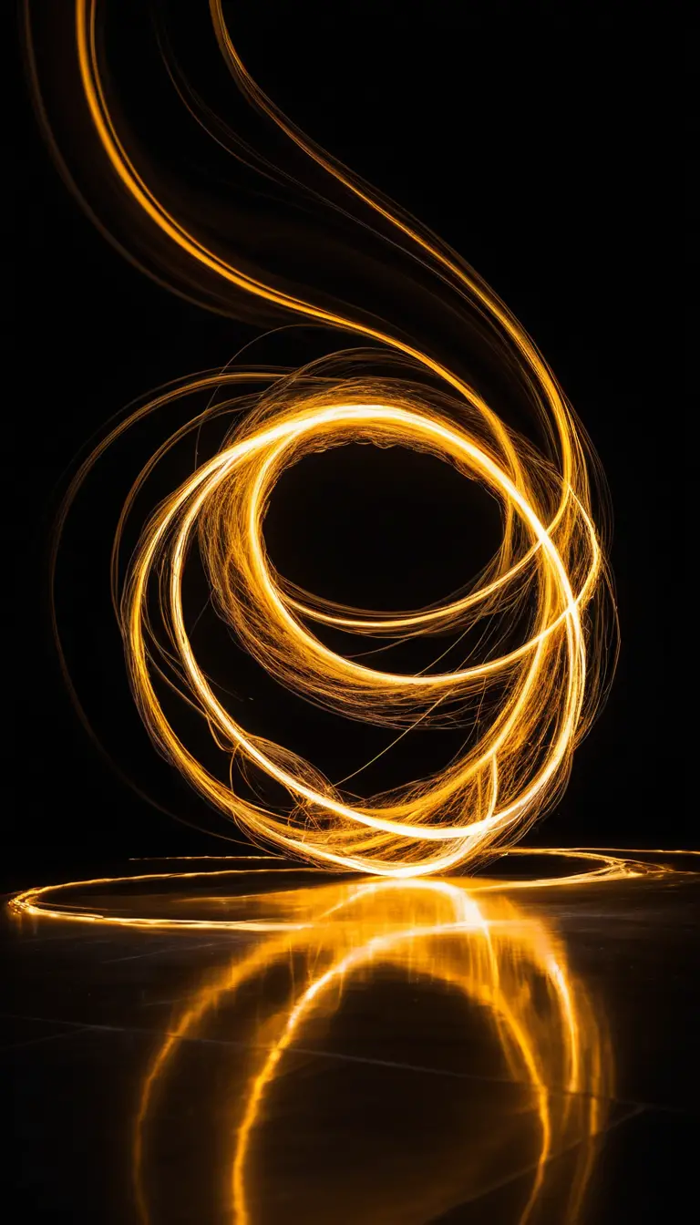 Goldene Lichtspuren, die über einer reflektierenden Hand wirbeln