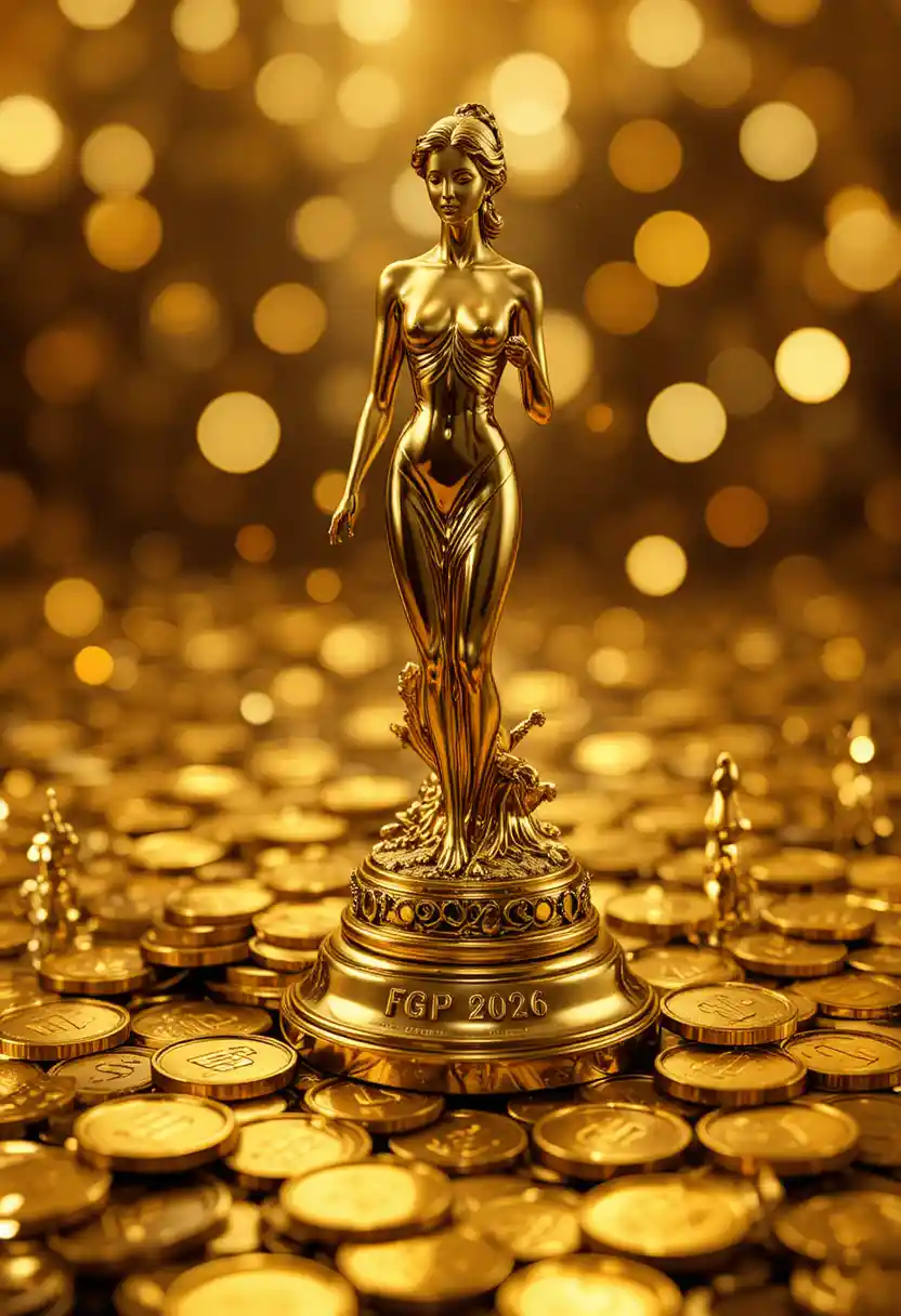 Golden female trophy with coins in luxurious close up