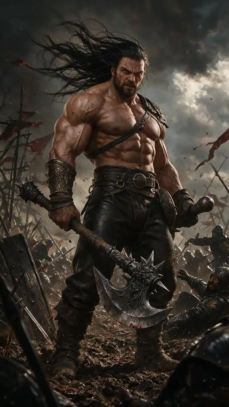 Muscular medieval warrior with battle axe on chaotic field