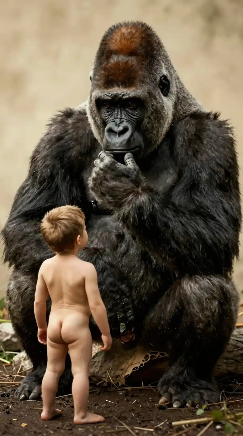 Gorilla gazing thoughtfully at a tiny nude man
