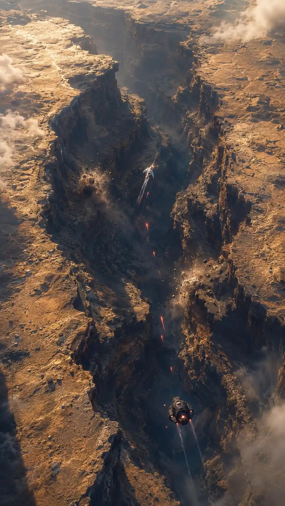 Epic sci fi dogfight over a vast sunlit canyon plateau