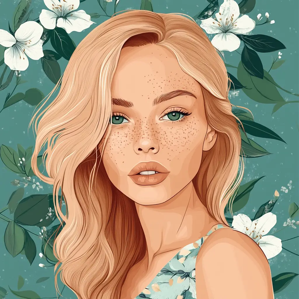 Blonde girl portrait in blue top among white camellias