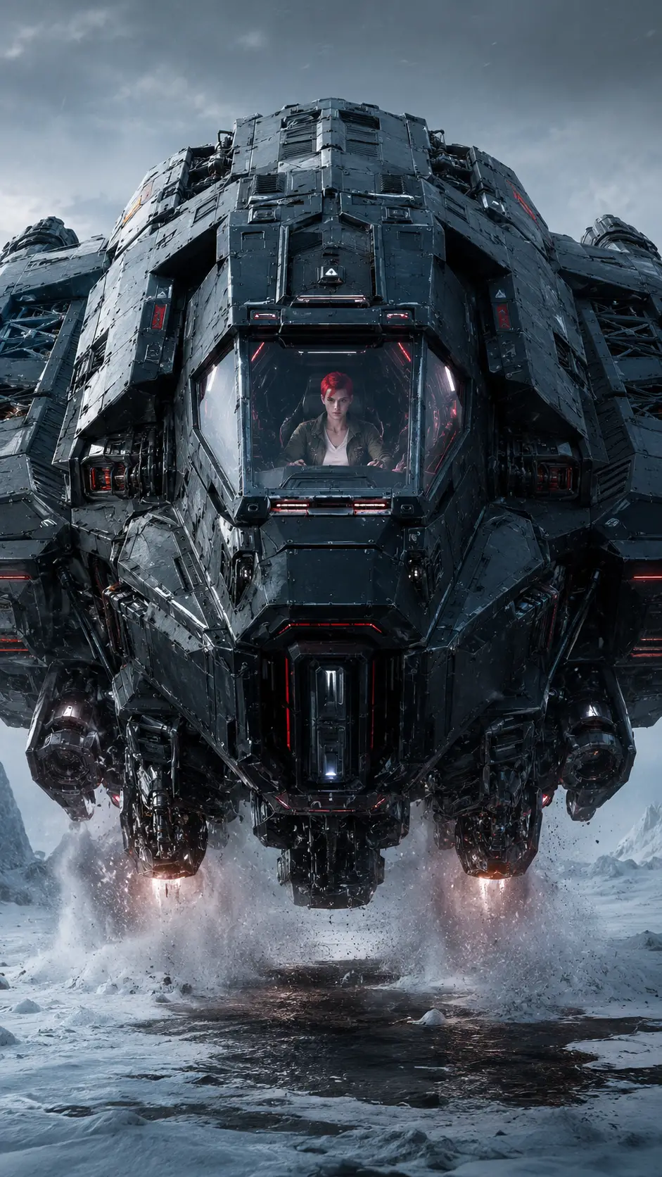 Sci-Fi-Raumschiff schwebt tief über einem winterlichen Schneefeld