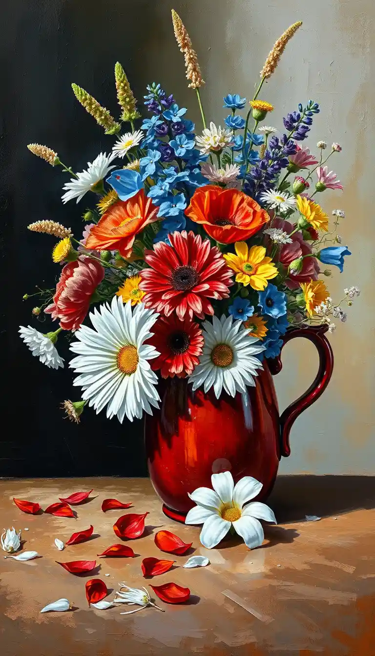 Impasto wildflower bouquet in a glossy brown pitcher