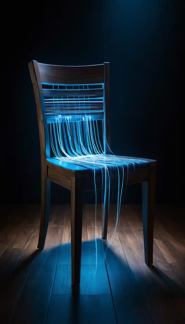 Wooden chair wrapped in glowing blue light trails