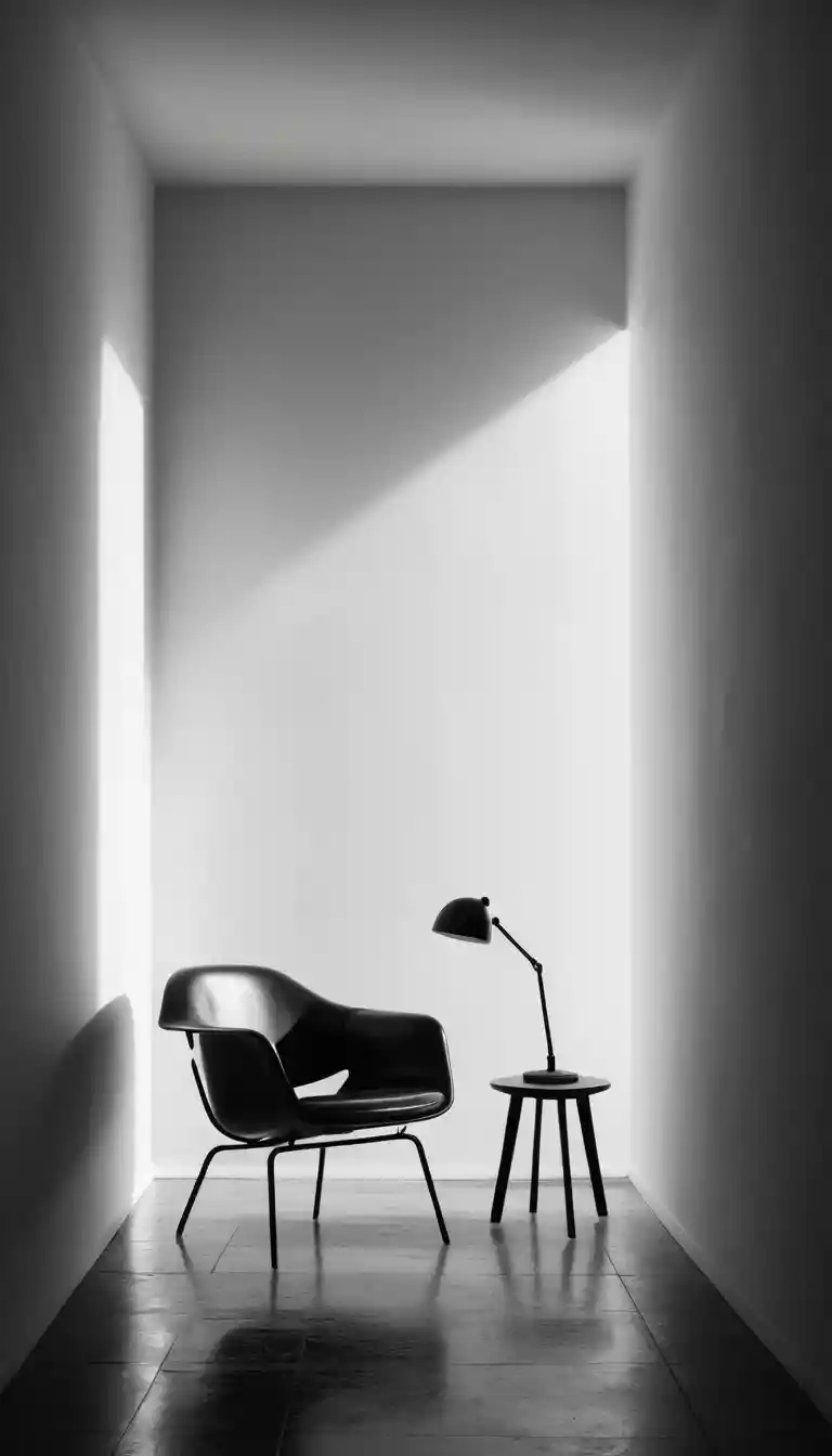 Black and white chair in shadowed minimalist corner room