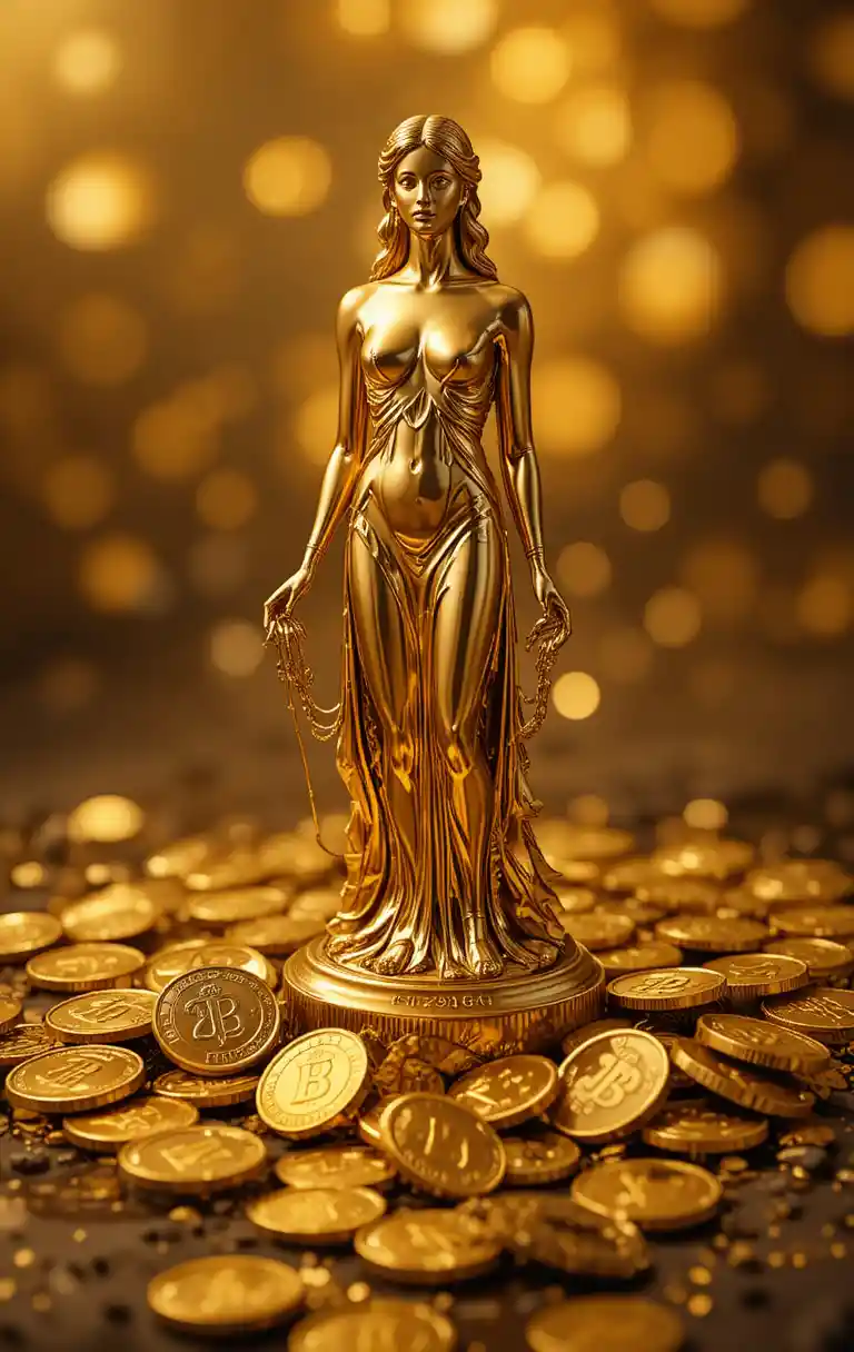 Gold female statue with scattered coins on reflective surface