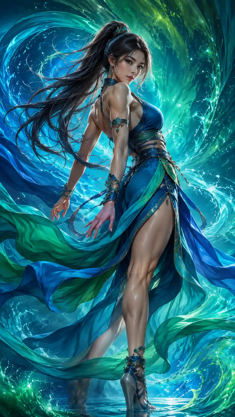 Mujer atlética con vestido azul, verde y turquesa