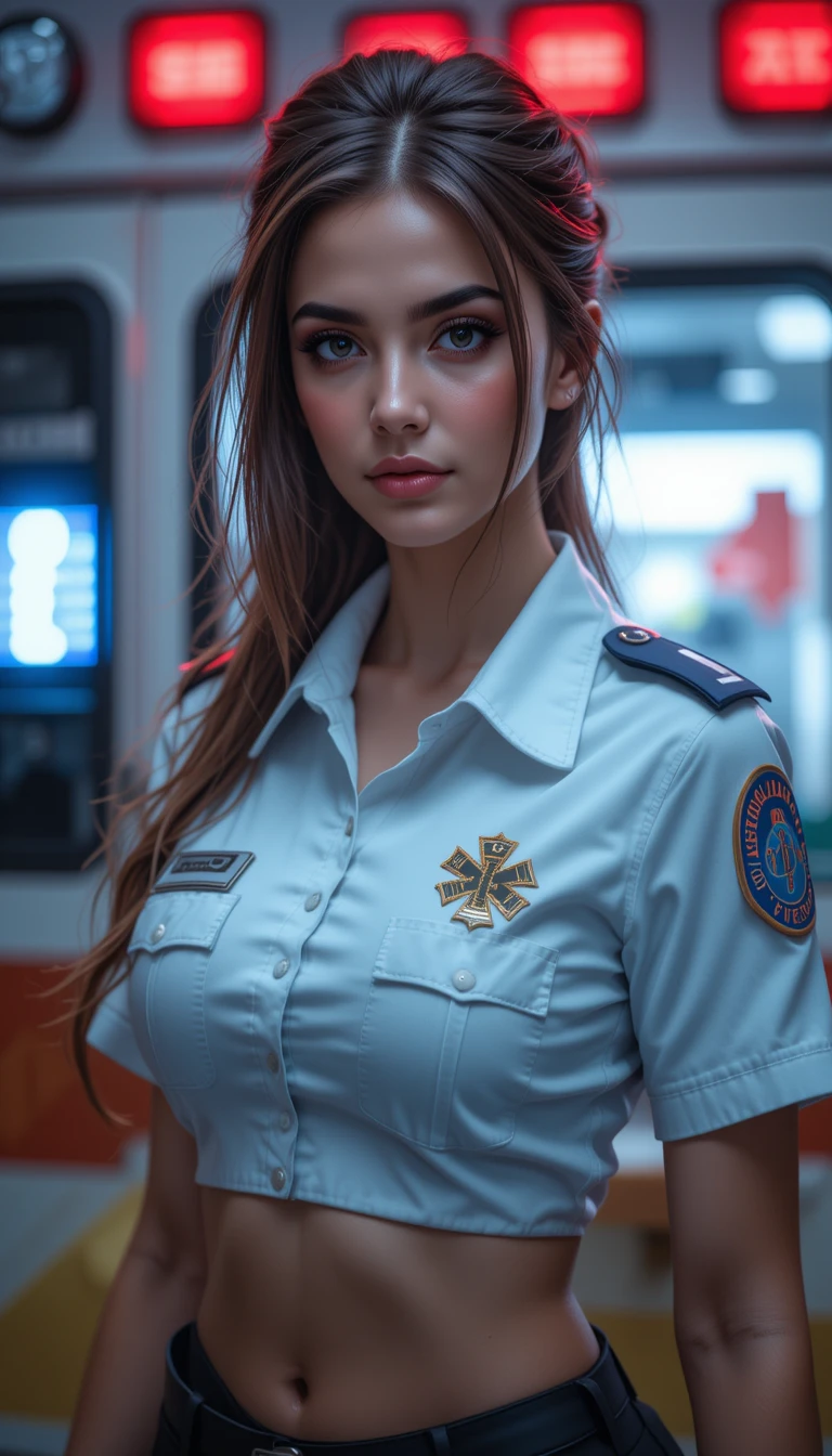 Paramédica mulher posando em frente à ambulância à noite