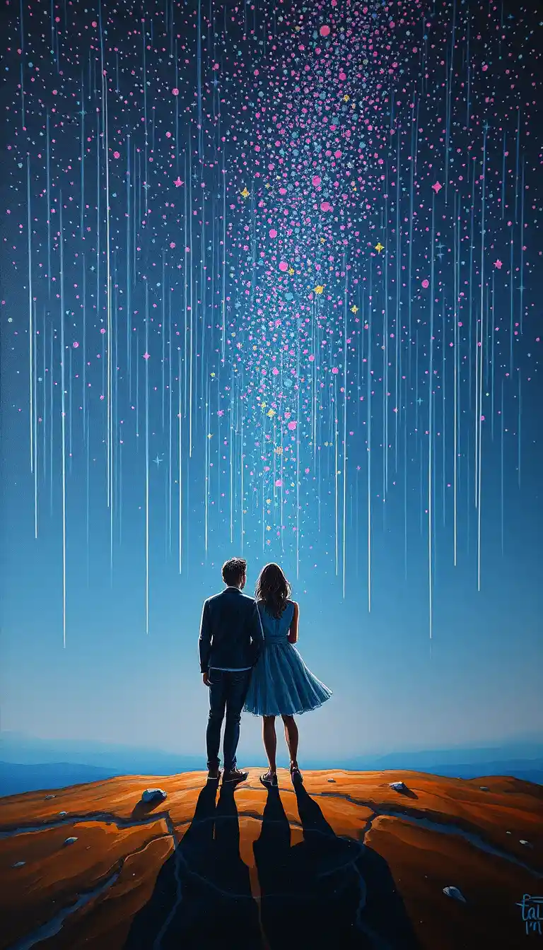 Couple beneath a star filled night sky in textured impasto