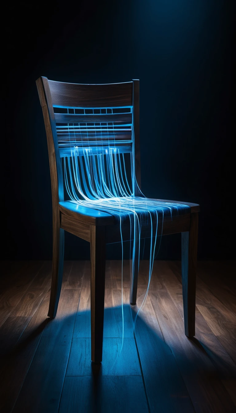 Wooden chair wrapped in glowing blue light trails