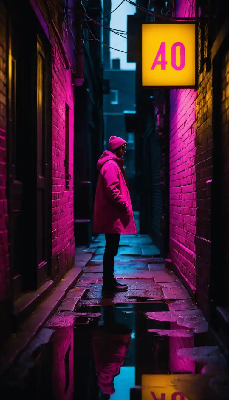 Donna in un vicolo illuminato al neon con ombre notturne cinematografiche