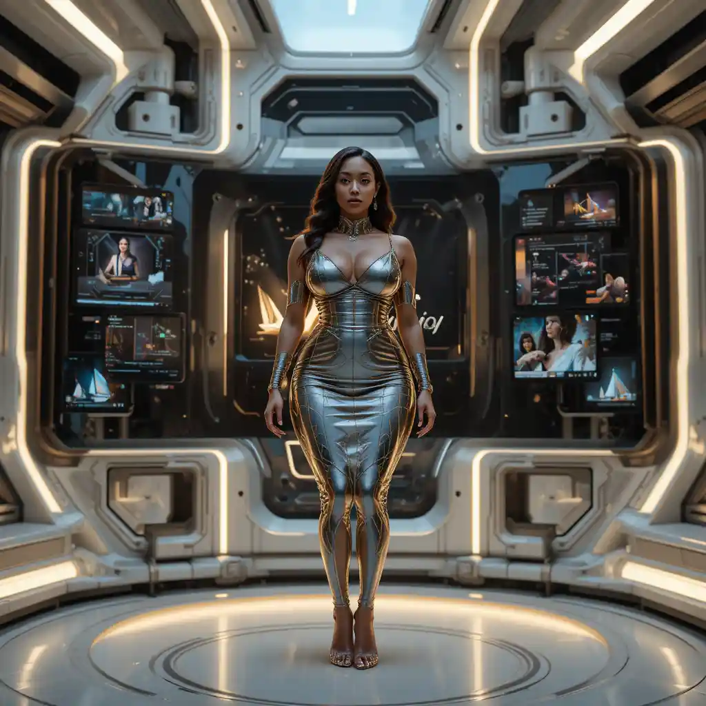 Curvy woman in futuristic creative studio interface