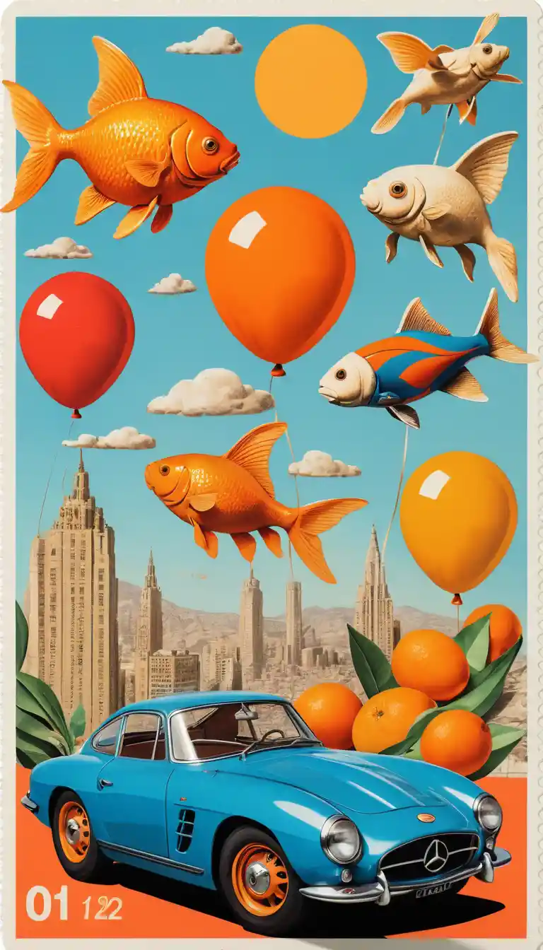 Vibrant mixed media collage with playful surreal objects