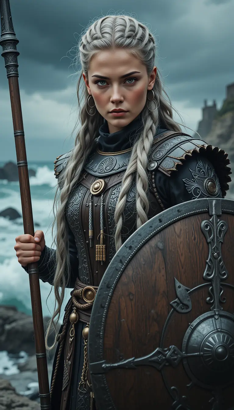 Viking warrior woman on stormy coastline with shield and spear