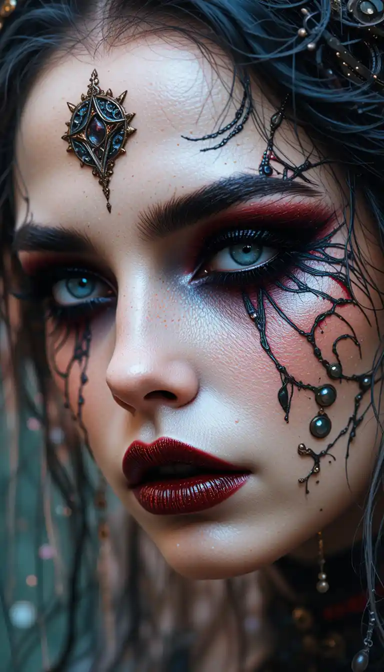 Dark fantasy portrait of a gothic woman with red lipstick