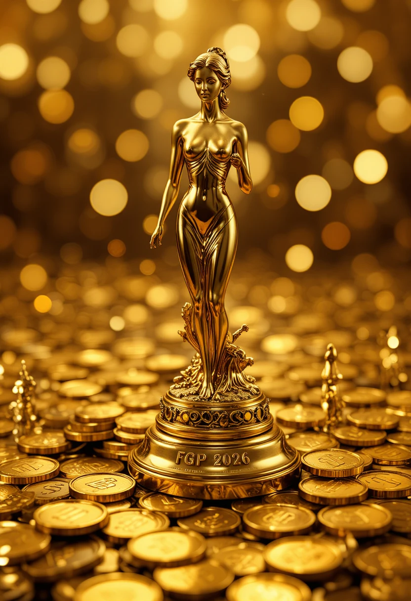 Golden female trophy with coins in luxurious close up