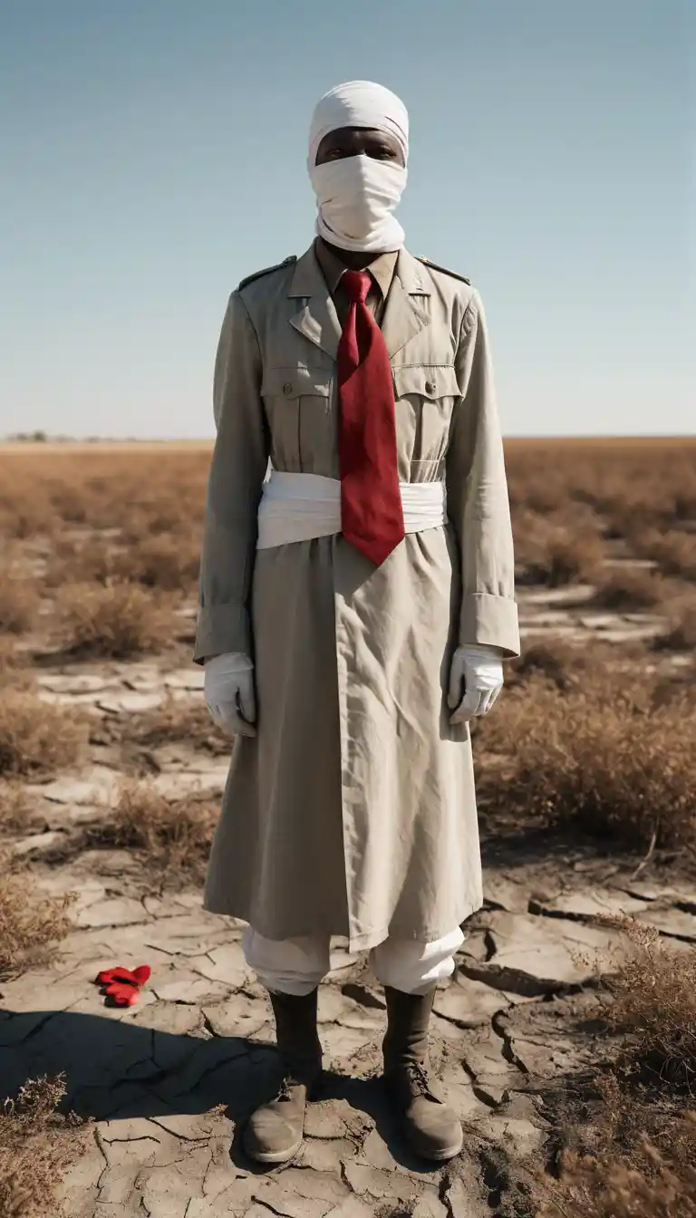 Bandaged figure in vintage uniform surrounded by falling letters