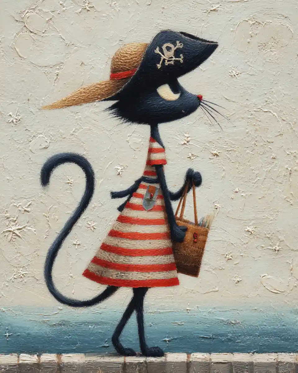 Elegant pirate cat in striped dress by the coastal sea