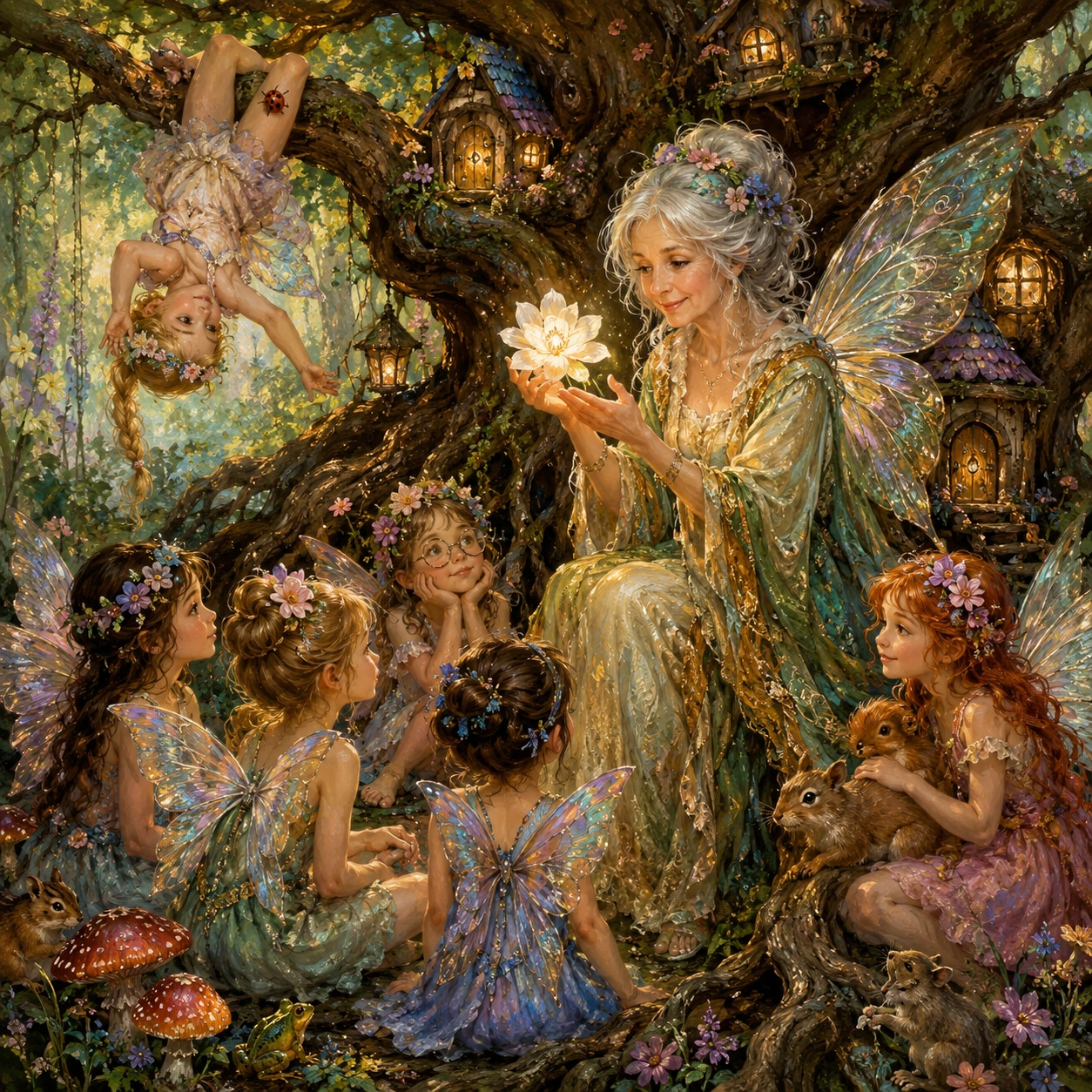 Elder fairy teaching young fairies in a lush forest