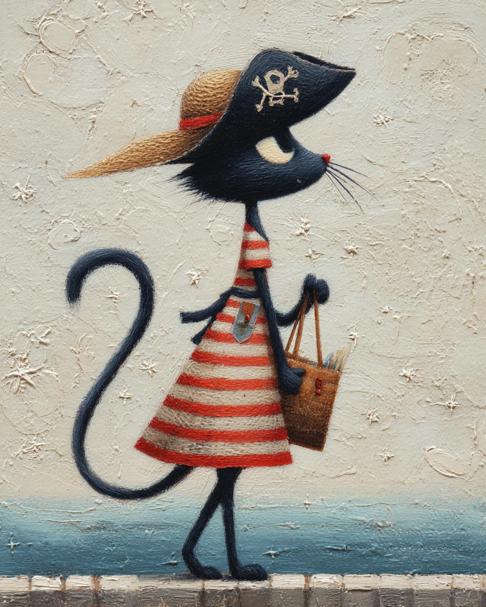 Elegante Piratenkatze im Streifenkleid am Meeresufer