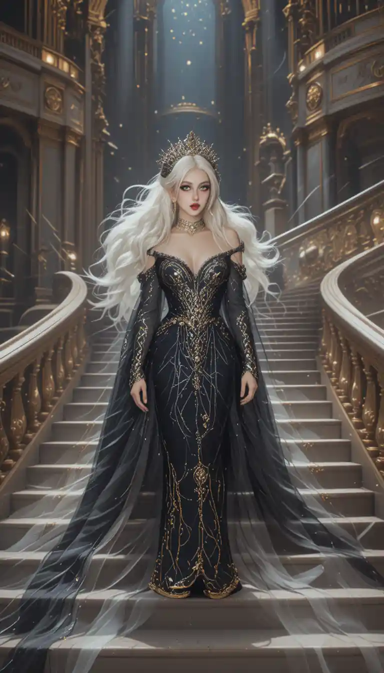 Majestic empress on a grand staircase in a throne room